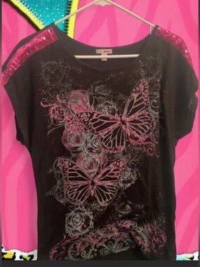 BONGO Black Tee with Pink Sequin Shoulders and Butterfly Print